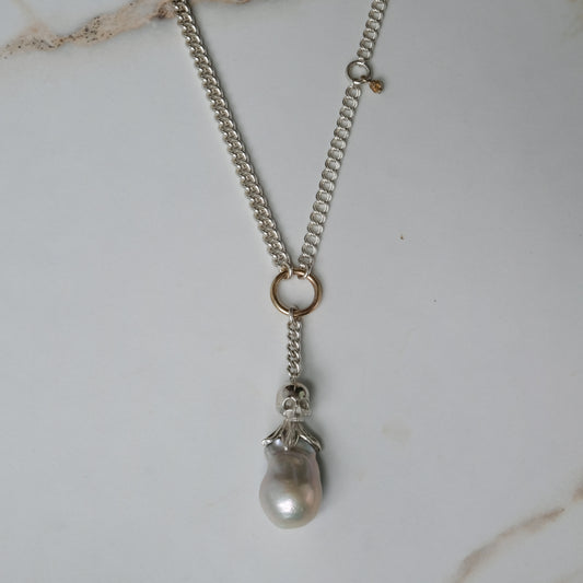 Sterling silver mix-matched curb link chain necklace with 9ct yellow gold jump ring details, old skull and hanging silver and flouish pendant with pearl. Handmade in London by Charlie Shires