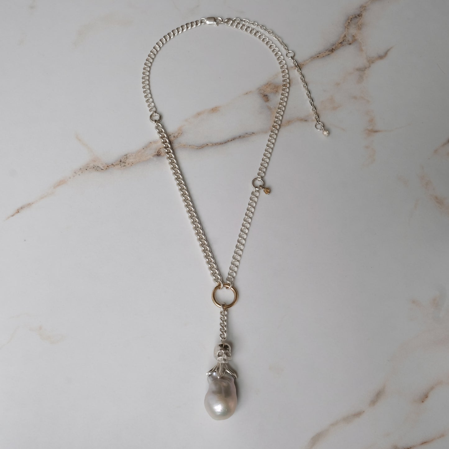 Sterling silver mix-matched curb link chain necklace with 9ct yellow gold jump ring details, old skull and hanging silver and flouish pendant with pearl. Handmade in London by Charlie Shires