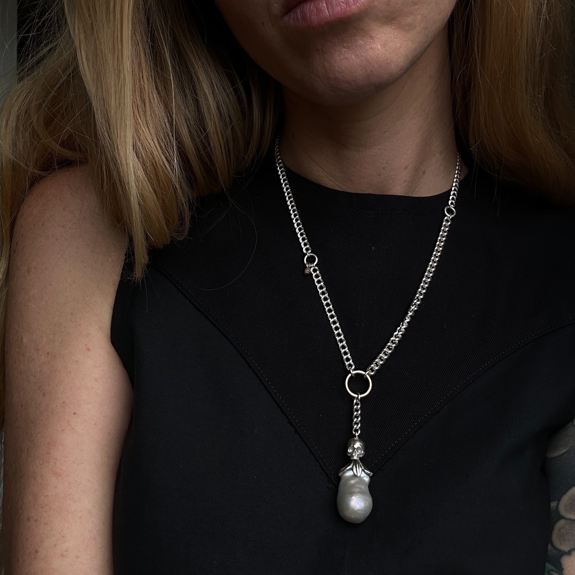Sterling silver mix-matched curb link chain necklace with 9ct yellow gold jump ring details, old skull and hanging silver and flouish pendant with pearl. Handmade in London by Charlie Shires