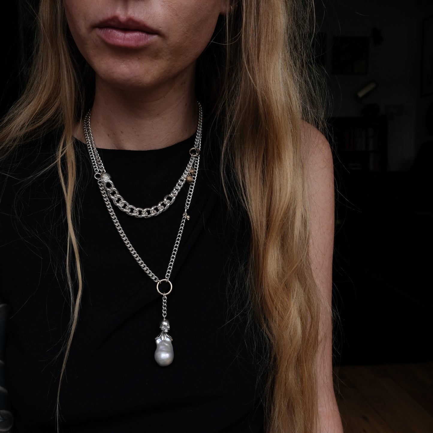 Sterling silver mix-matched curb link chain necklace with 9ct yellow gold jump ring details, old skull and hanging silver and flouish pendant with pearl. Handmade in London by Charlie Shires