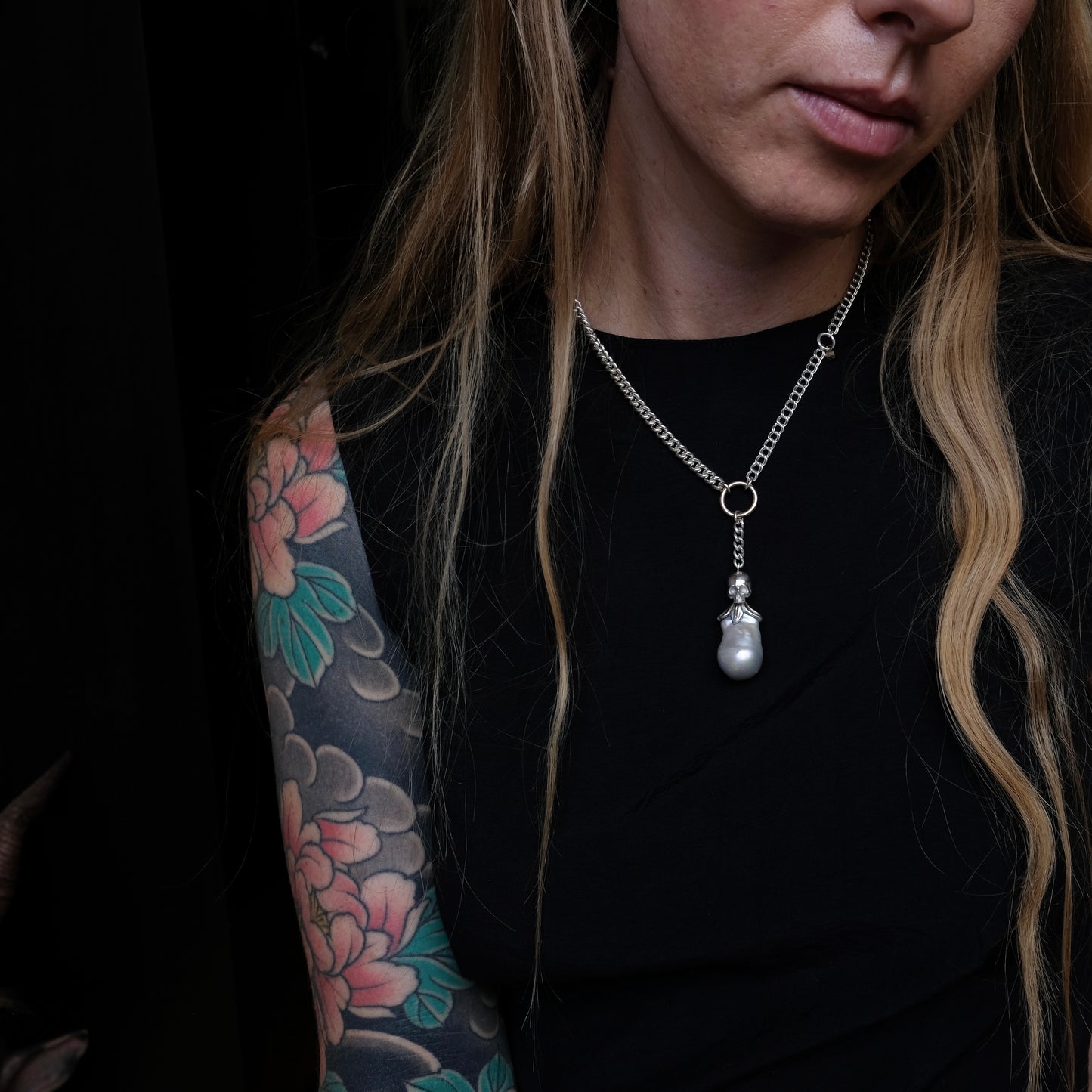 Sterling silver mix-matched curb link chain necklace with 9ct yellow gold jump ring details, old skull and hanging silver and flouish pendant with pearl. Handmade in London by Charlie Shires