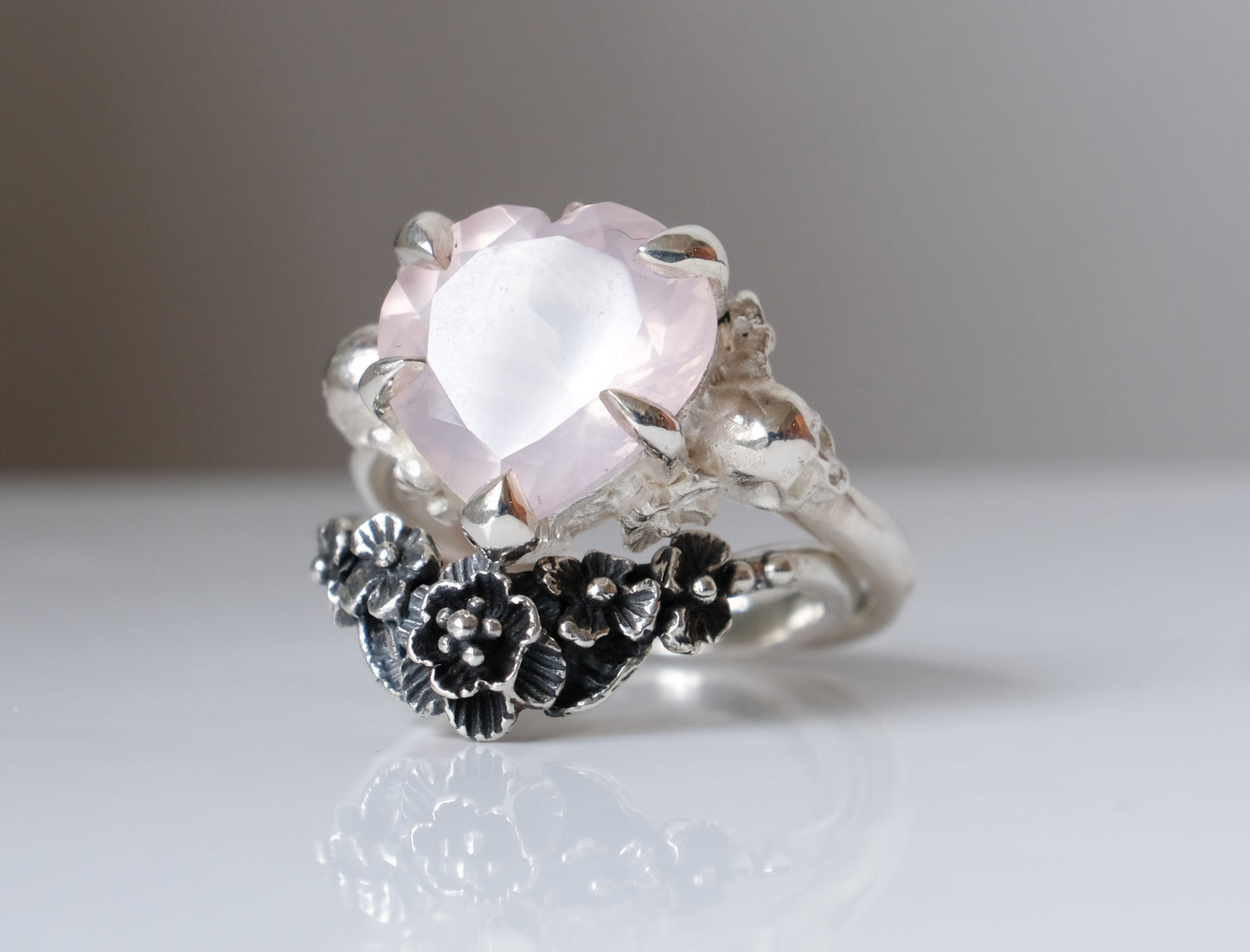 Rose quartz heart skull and flower ring