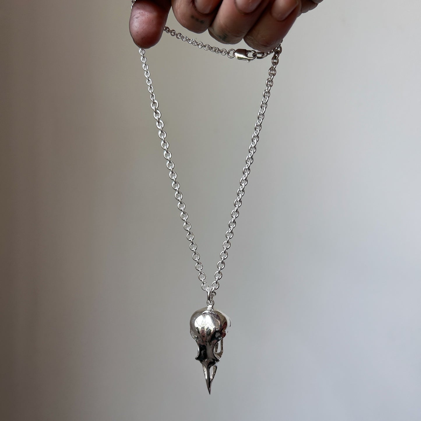Large bird skull pendant on chain made in sterling silver by Charlie Shires