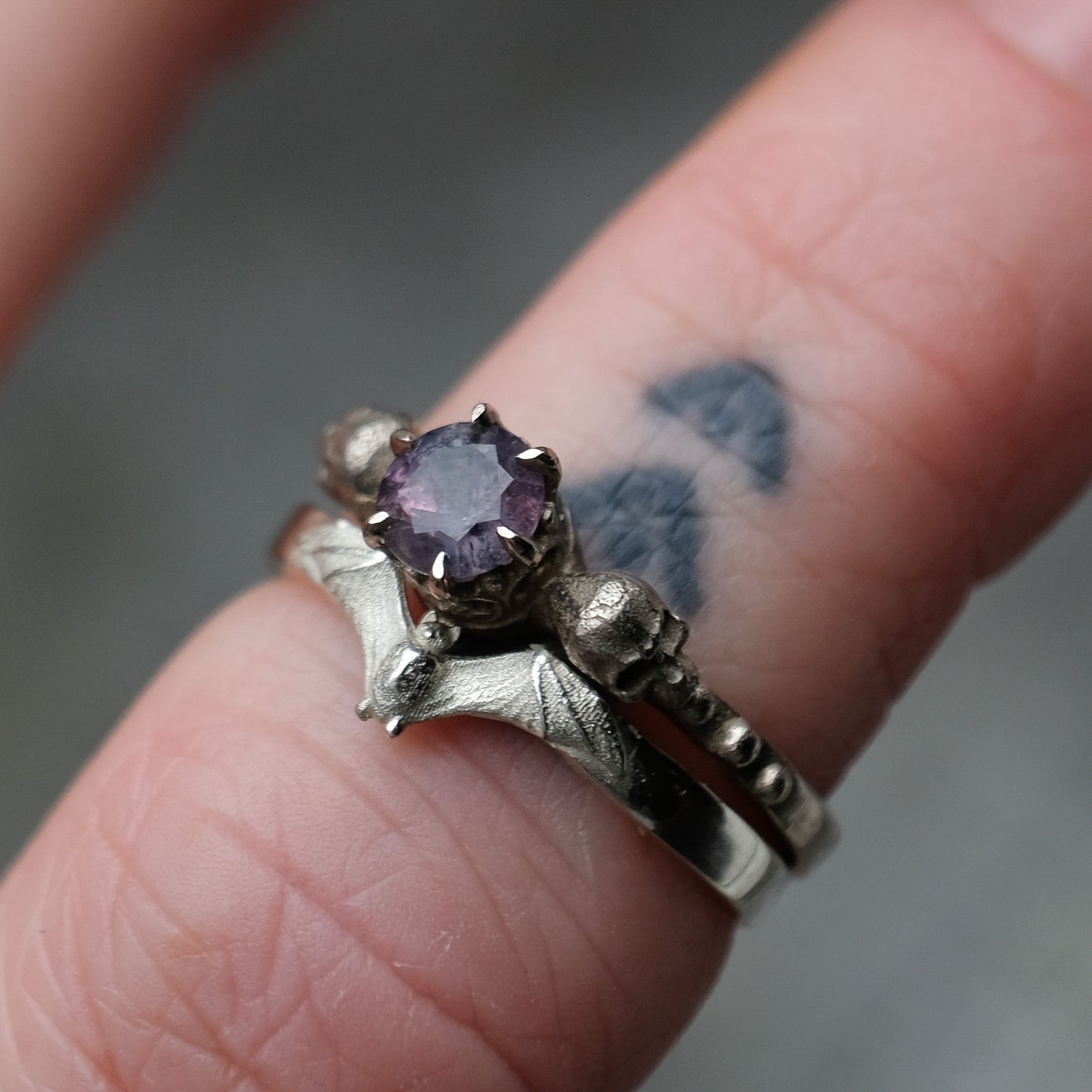Mina bat ring in 14ct white gold gold stacked with skull solitaire sapphire engagement ring Handmade in London by Charlie Shires