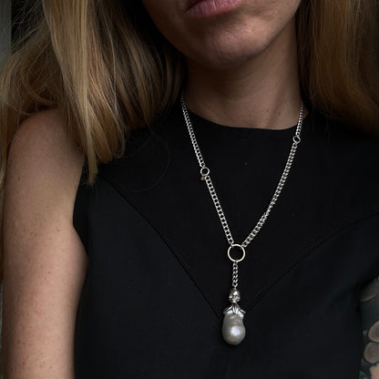 Sterling silver mix-matched curb link chain necklace with 9ct yellow gold jump ring details, old skull and hanging silver and flouish pendant with pearl. Handmade in London by Charlie Shires