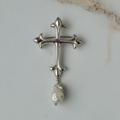 Sterling silver crucifix brooch with drop pearl handmade in London by Charlie Shires