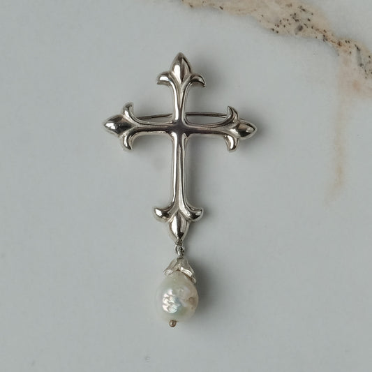 Sterling silver crucifix brooch with drop pearl handmade in London by Charlie Shires