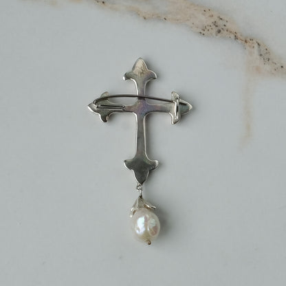 Sterling silver crucifix brooch with drop pearl handmade in London by Charlie Shires