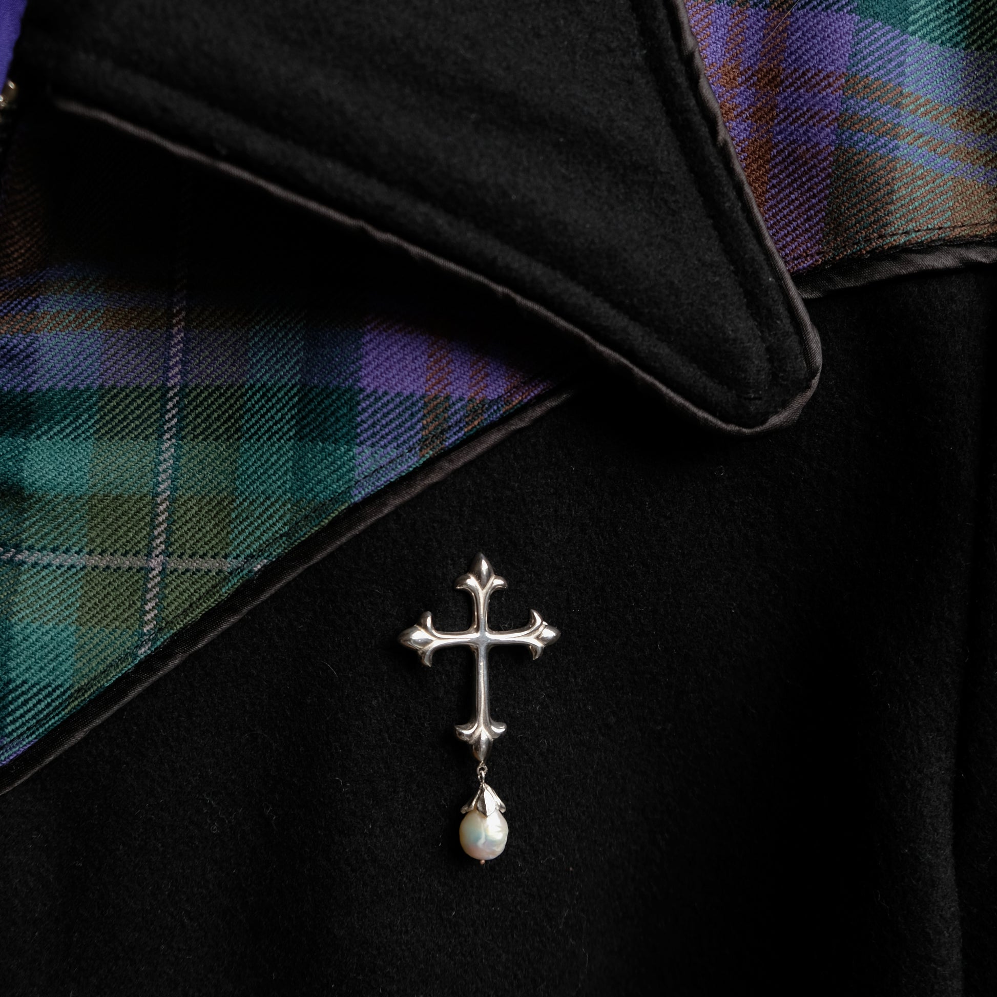 Sterling silver crucifix brooch with drop pearl handmade in London by Charlie Shires