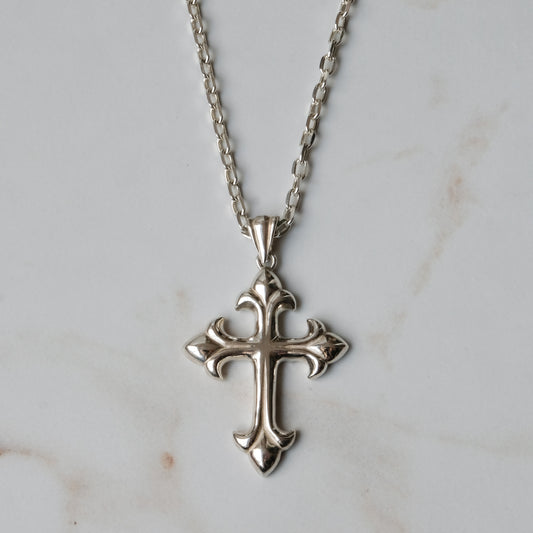 Hand carved ornate crucifix cross in sterling silver by Charlie Shires