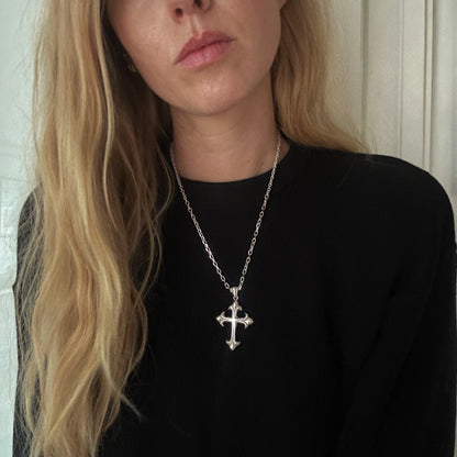 Hand carved ornate crucifix cross in sterling silver by Charlie Shires