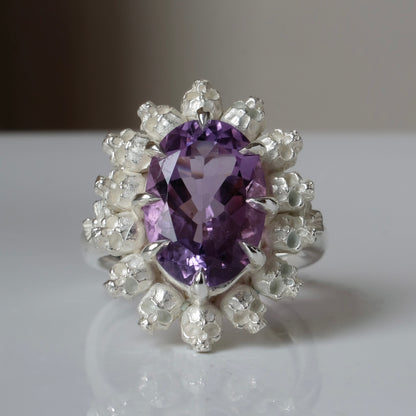 Ring with claw set amethyst gemstone and silver skull design on a white background