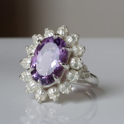 Ring with claw set amethyst gemstone and silver skull design on a white background