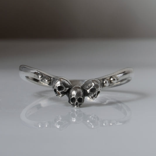 Silver skull wishbone shaped stacking ring